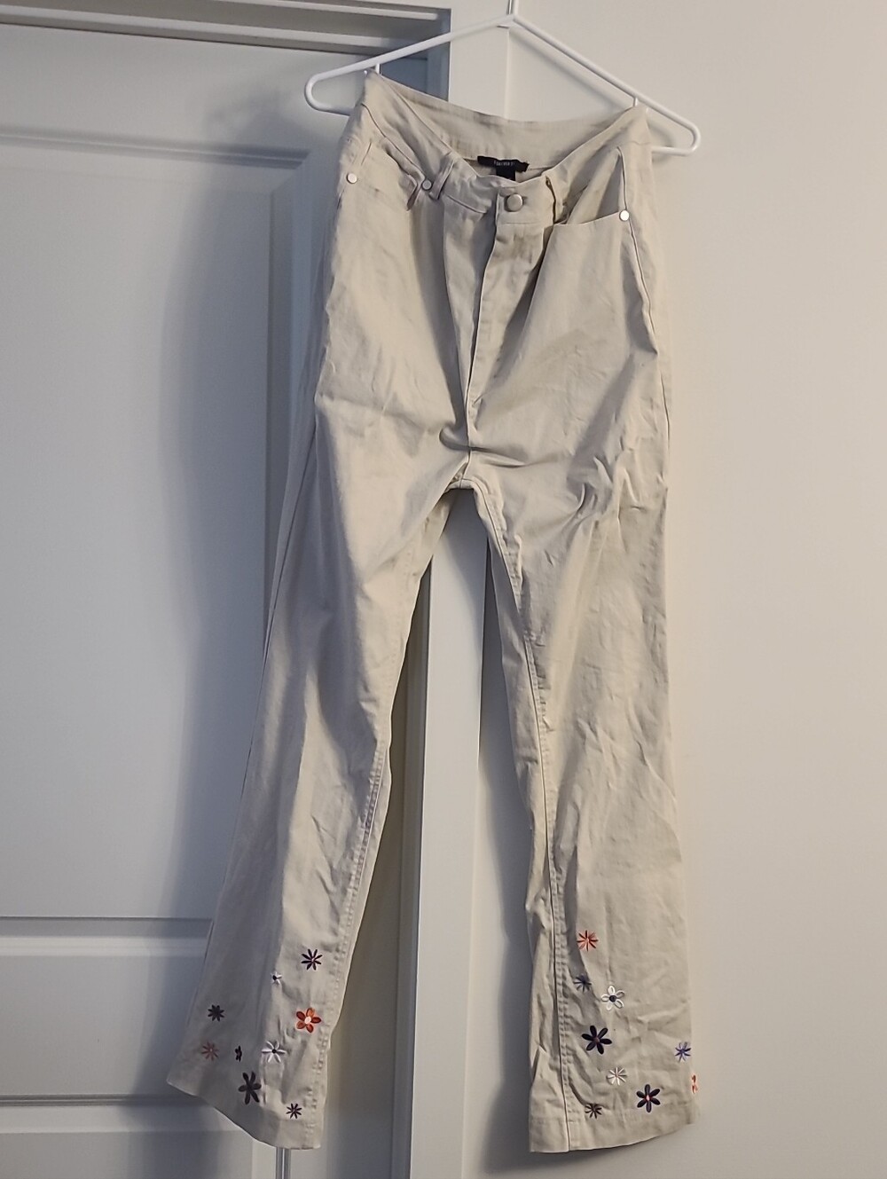 Forever 21 Cream Wide Leg Pants with Embroidered Floral Hem